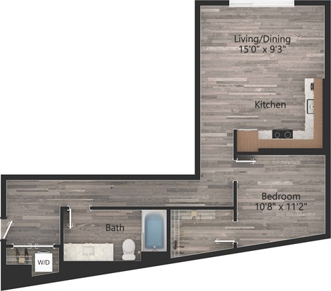 Floor plan for 1 bed, 1 bath, 795 sqft